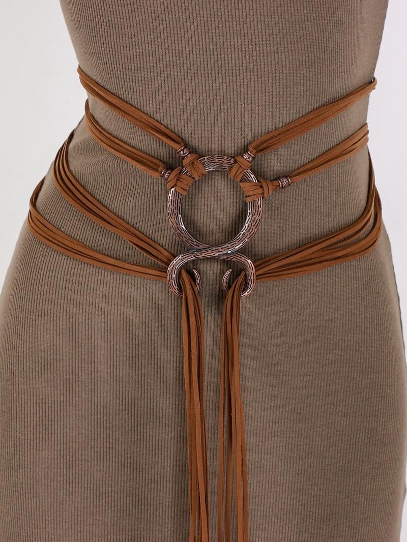 Medieval Viking Braided Leather Belt Set, with Ring Buckle & Tassel Decorations