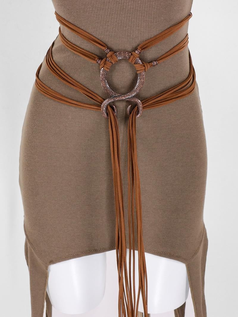 Medieval Viking Braided Leather Belt Set, with Ring Buckle & Tassel Decorations